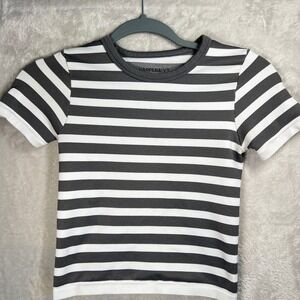 Harper Ivy Gray White Stripe Ribbed Short Sleeve‎ T Shirt crop top juniors M